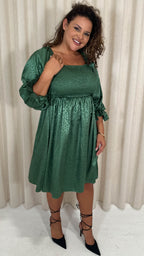 CurveWow Printed Satin Shirred Top Mini Dress Forest Green