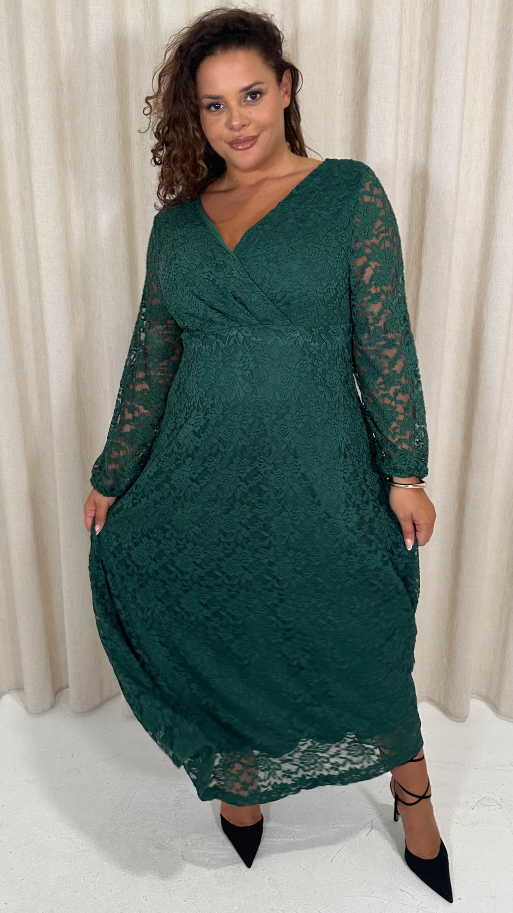 CurveWow Lace Plunge Maxi Dress Forest Green