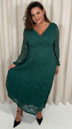 CurveWow Lace Plunge Maxi Dress Forest Green