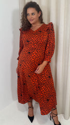 CurveWow Ruffle Shoulder V Neck Midi Dress Rust Grid