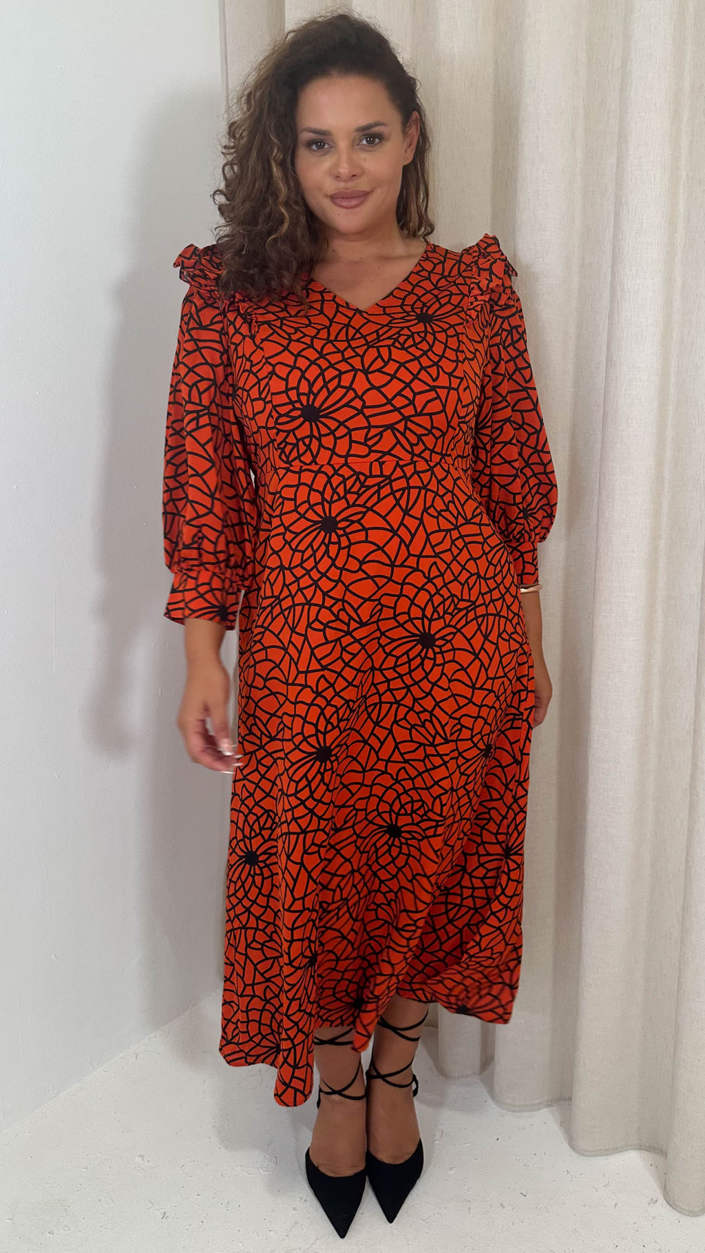 CurveWow Ruffle Shoulder V Neck Midi Dress Rust Grid