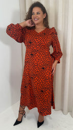 CurveWow Ruffle Shoulder V Neck Midi Dress Rust Grid