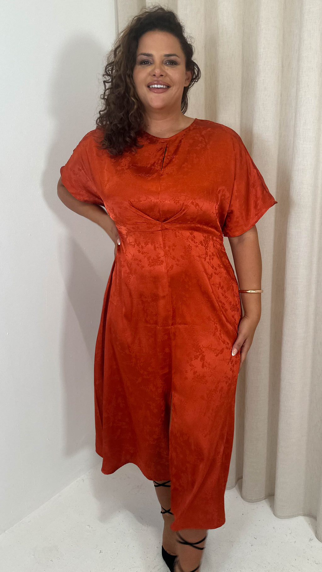 CurveWow Keyhole Oriental Satin Dress Rust