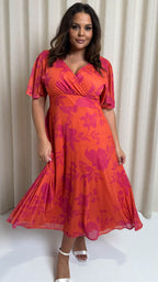 CurveWow Mesh Angel Sleeve Dress Coral Floral