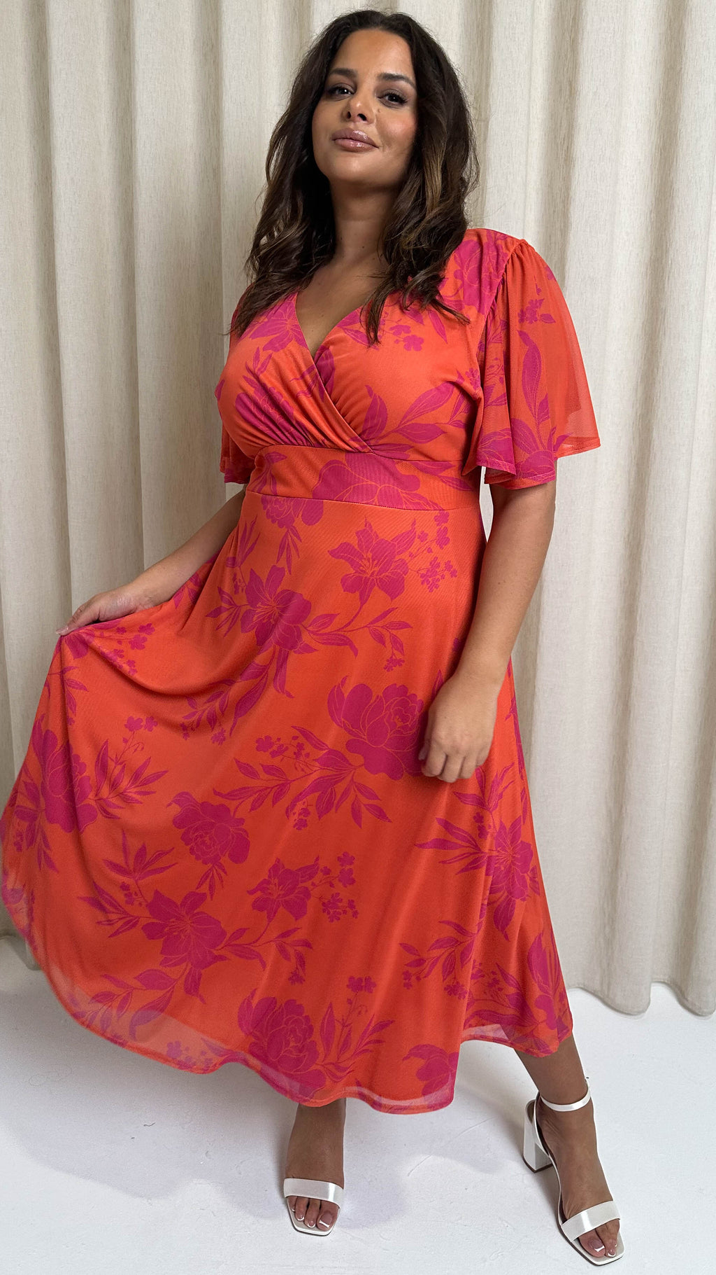 CurveWow Mesh Angel Sleeve Dress Coral Floral