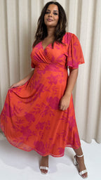 CurveWow Mesh Angel Sleeve Dress Coral Floral