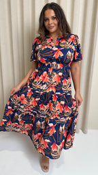 CurveWow Notch Neck Midi Dress Navy Tropical