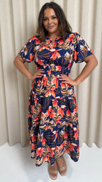 CurveWow Notch Neck Midi Dress Navy Tropical