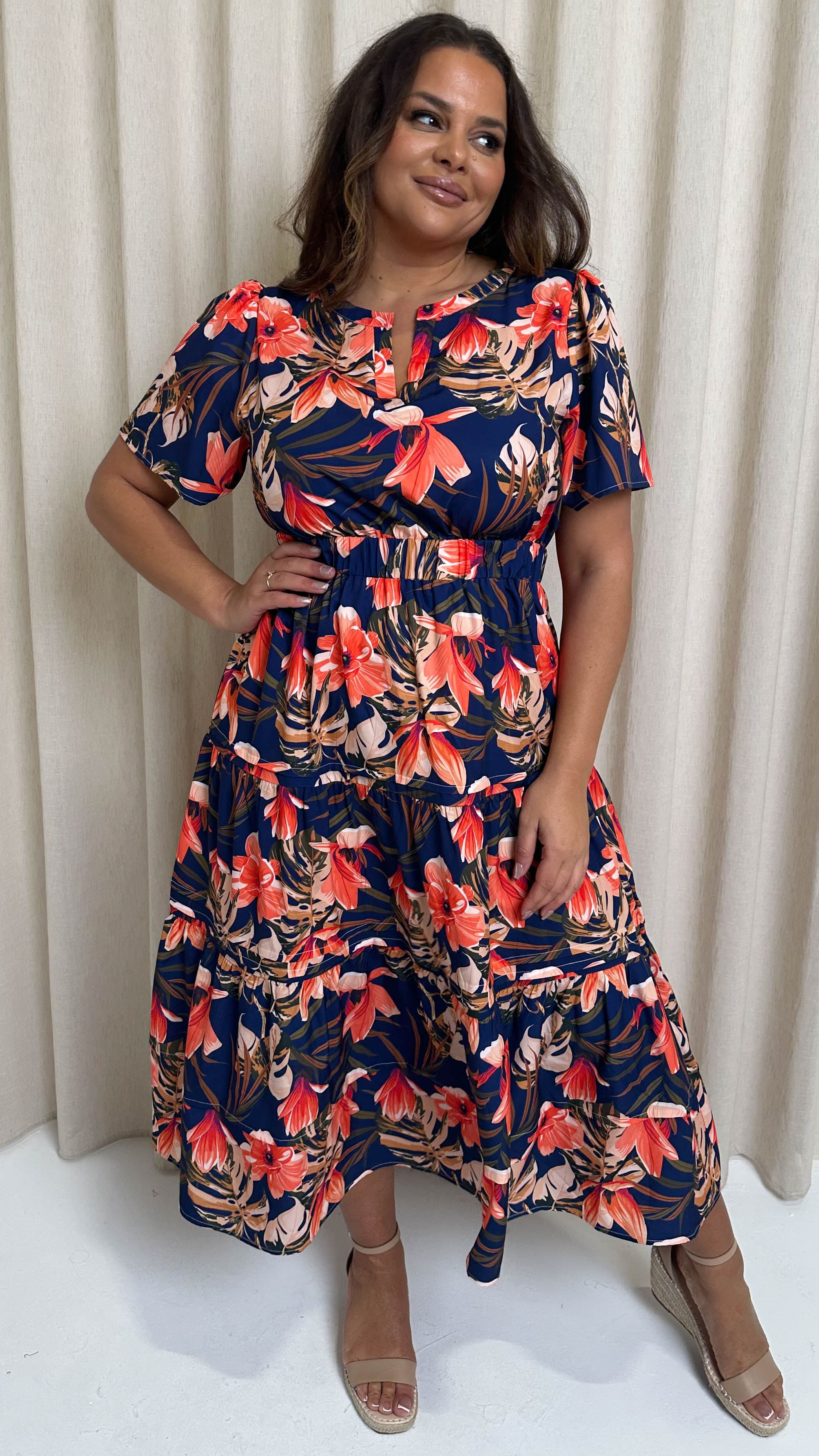 CurveWow Notch Neck Midi Dress Navy Tropical