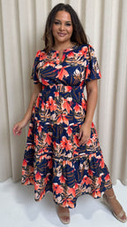 CurveWow Notch Neck Midi Dress Navy Tropical