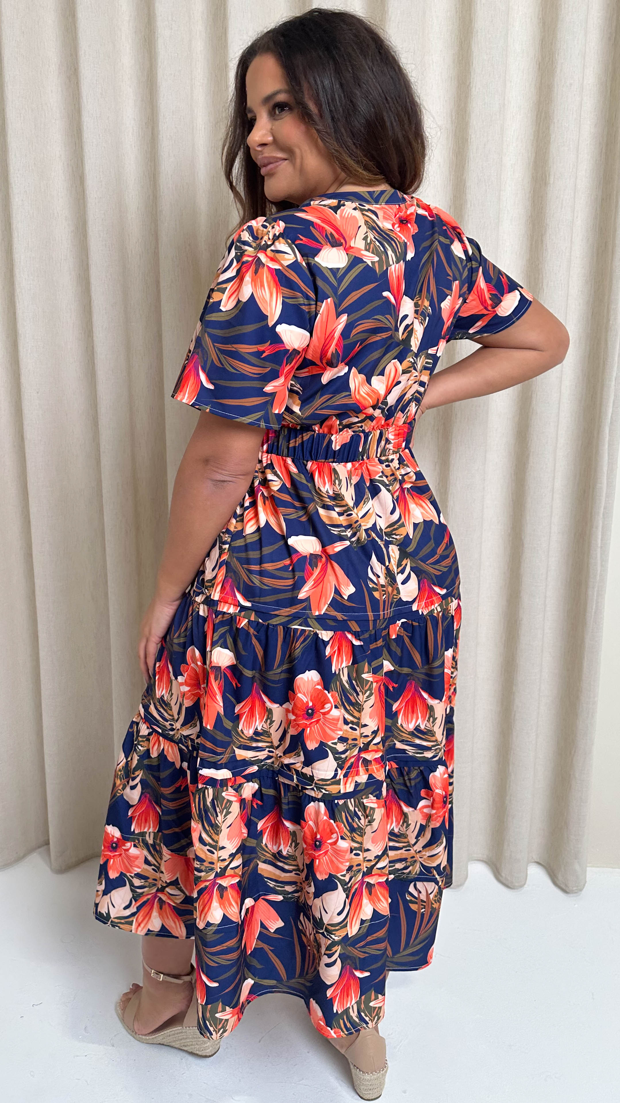 CurveWow Notch Neck Midi Dress Navy Tropical