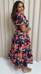 CurveWow Notch Neck Midi Dress Navy Tropical