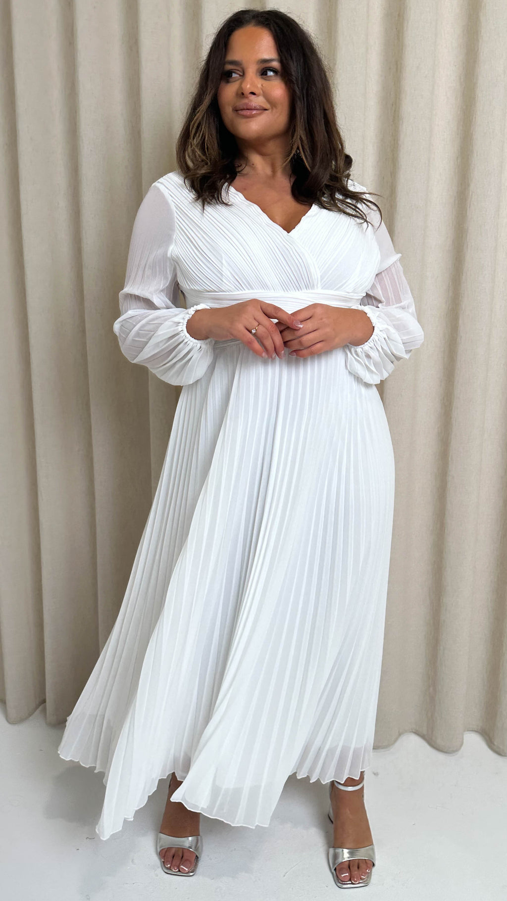 CurveWow Pleated Wrap Maxi Dress White