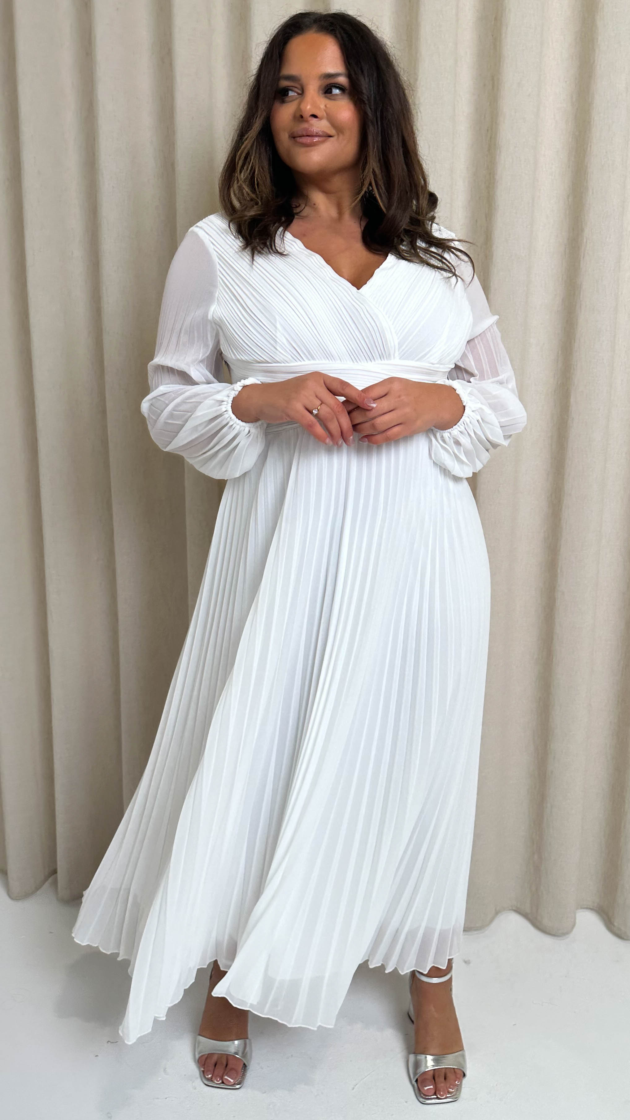 CurveWow Pleated Wrap Maxi Dress White