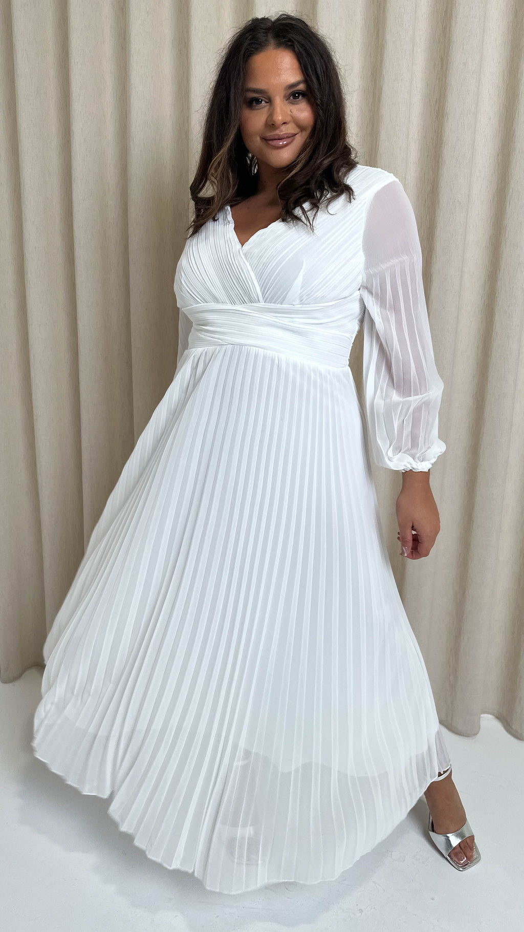 CurveWow Pleated Wrap Maxi Dress White