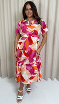 CurveWow Notch Neck Midi Dress Pink Multi Tropical