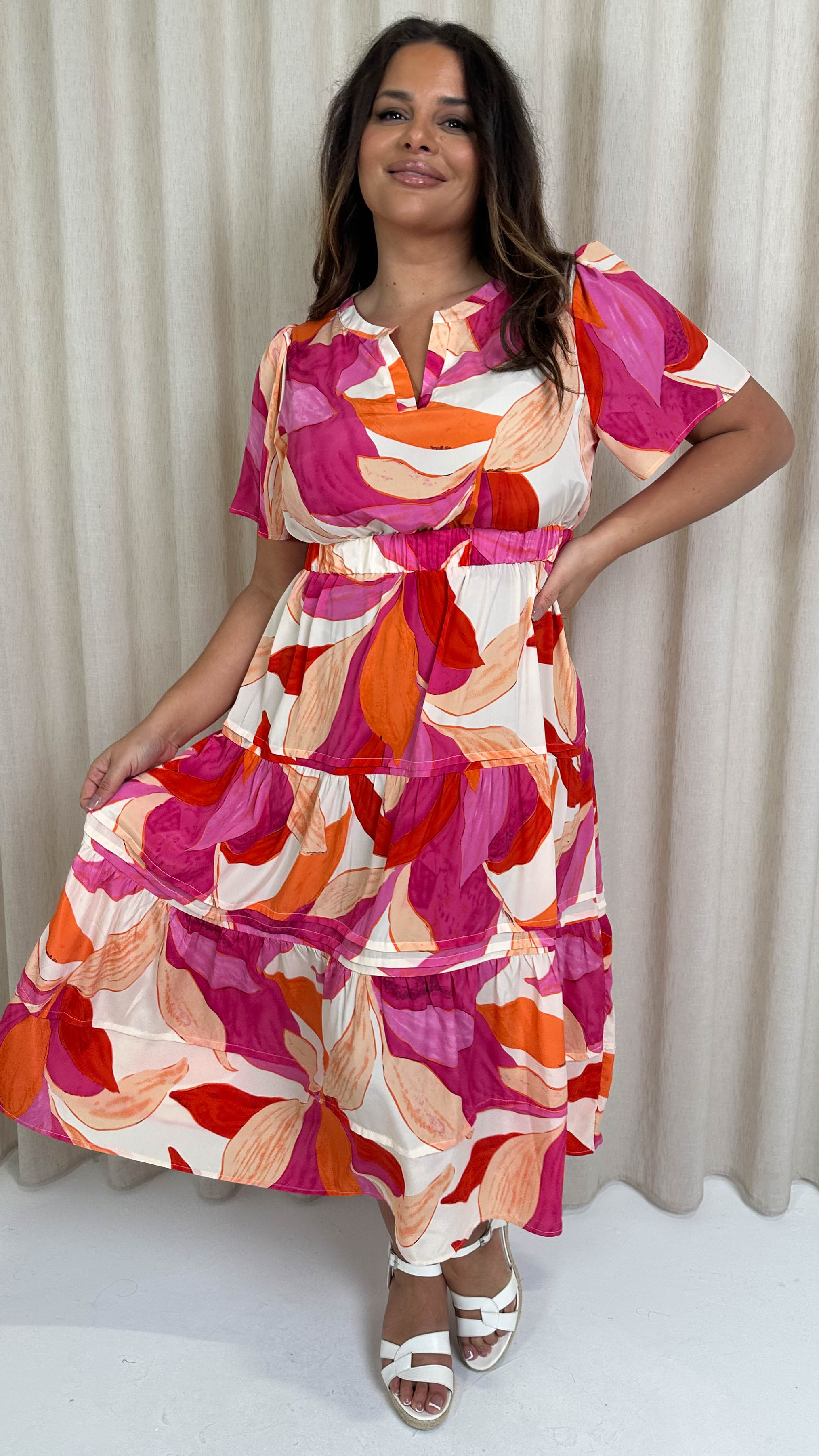 CurveWow Notch Neck Midi Dress Pink Multi Tropical