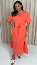 CurveWow Maxi T-Shirt Dress With Drawstring Hot Coral