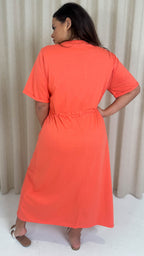 CurveWow Maxi T-Shirt Dress With Drawstring Hot Coral