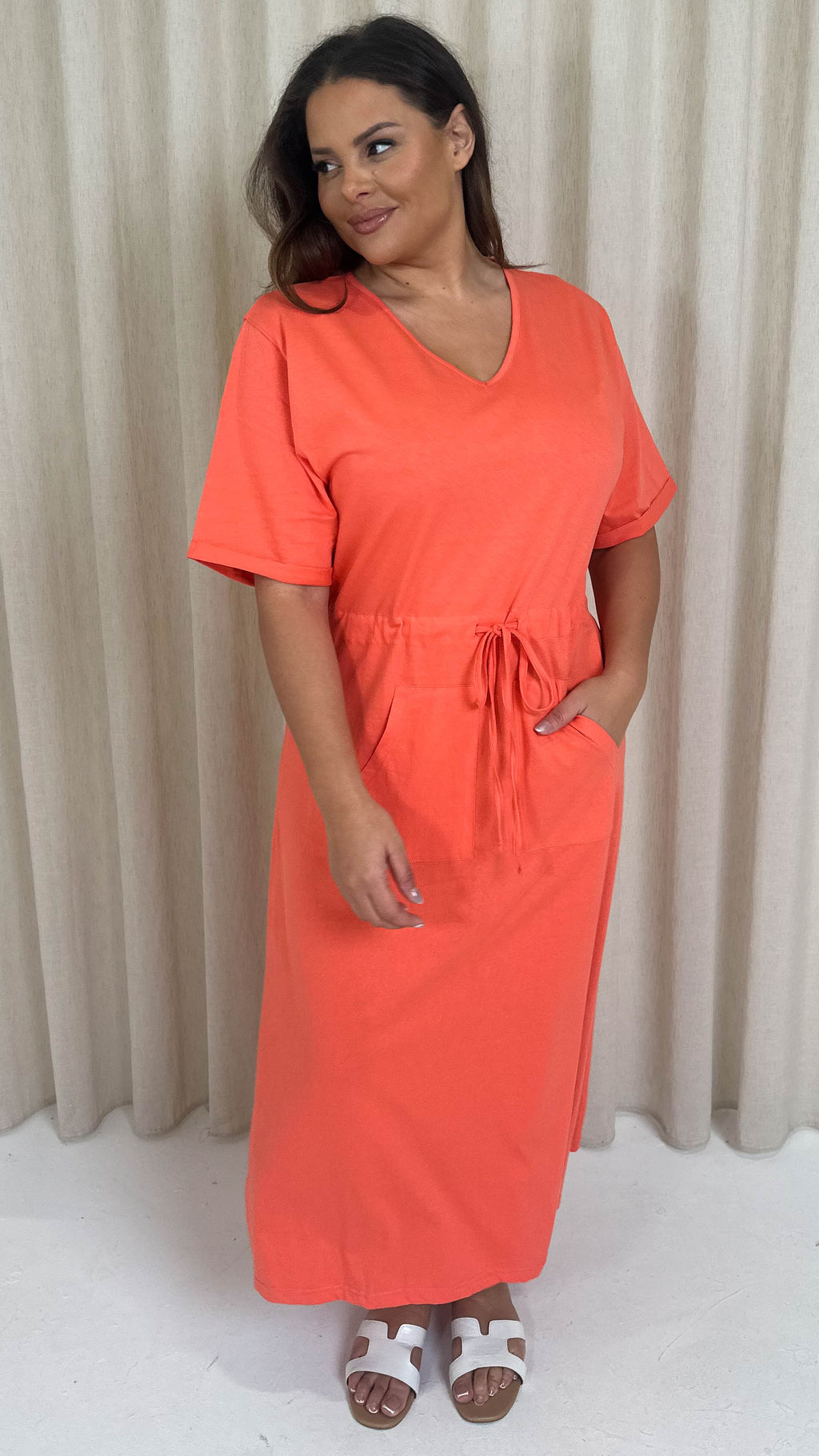 CurveWow Maxi T-Shirt Dress With Drawstring Hot Coral