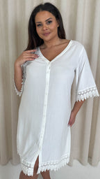 CurveWow Lace Trim Button Front Tunic Dress White