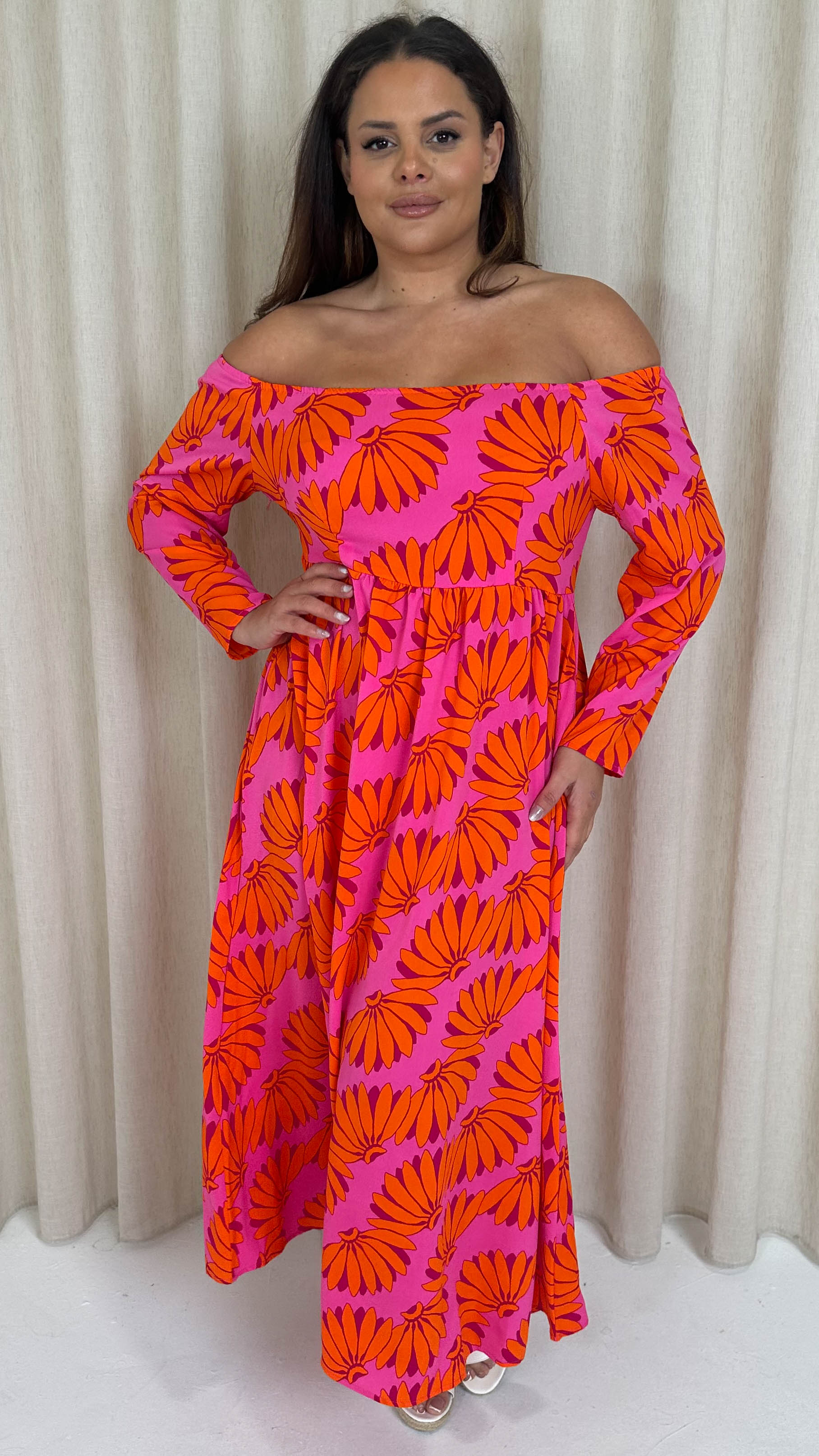 CurveWow Printed Bardot Maxi Dress Orange Banana