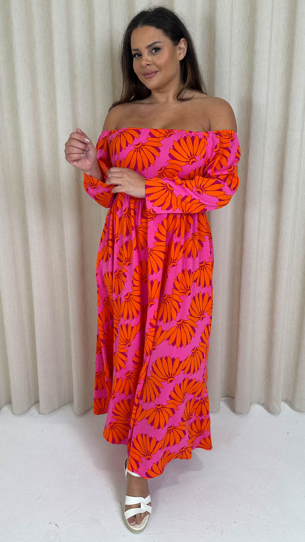 CurveWow Printed Bardot Maxi Dress Orange Banana