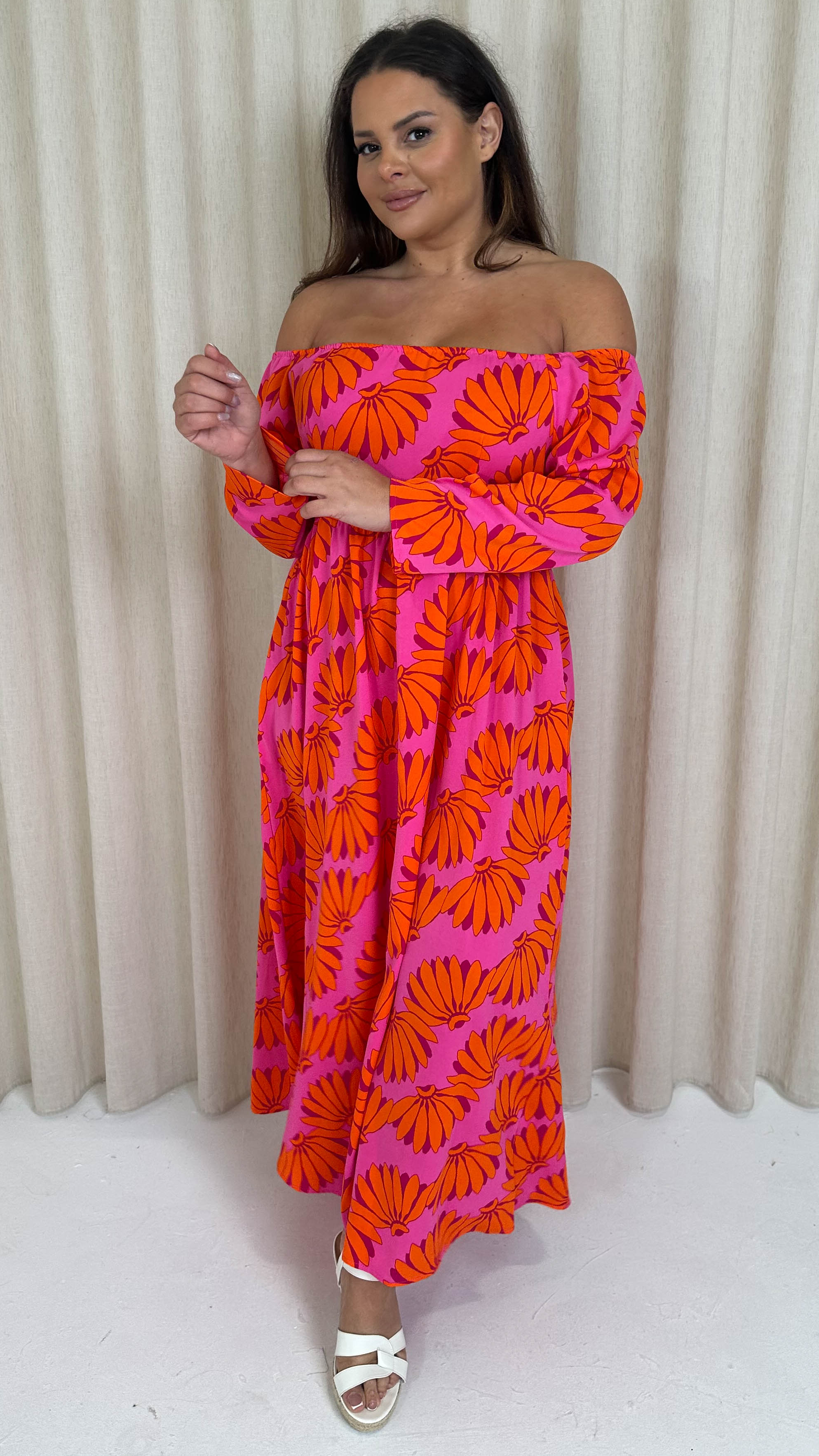 CurveWow Printed Bardot Maxi Dress Orange Banana