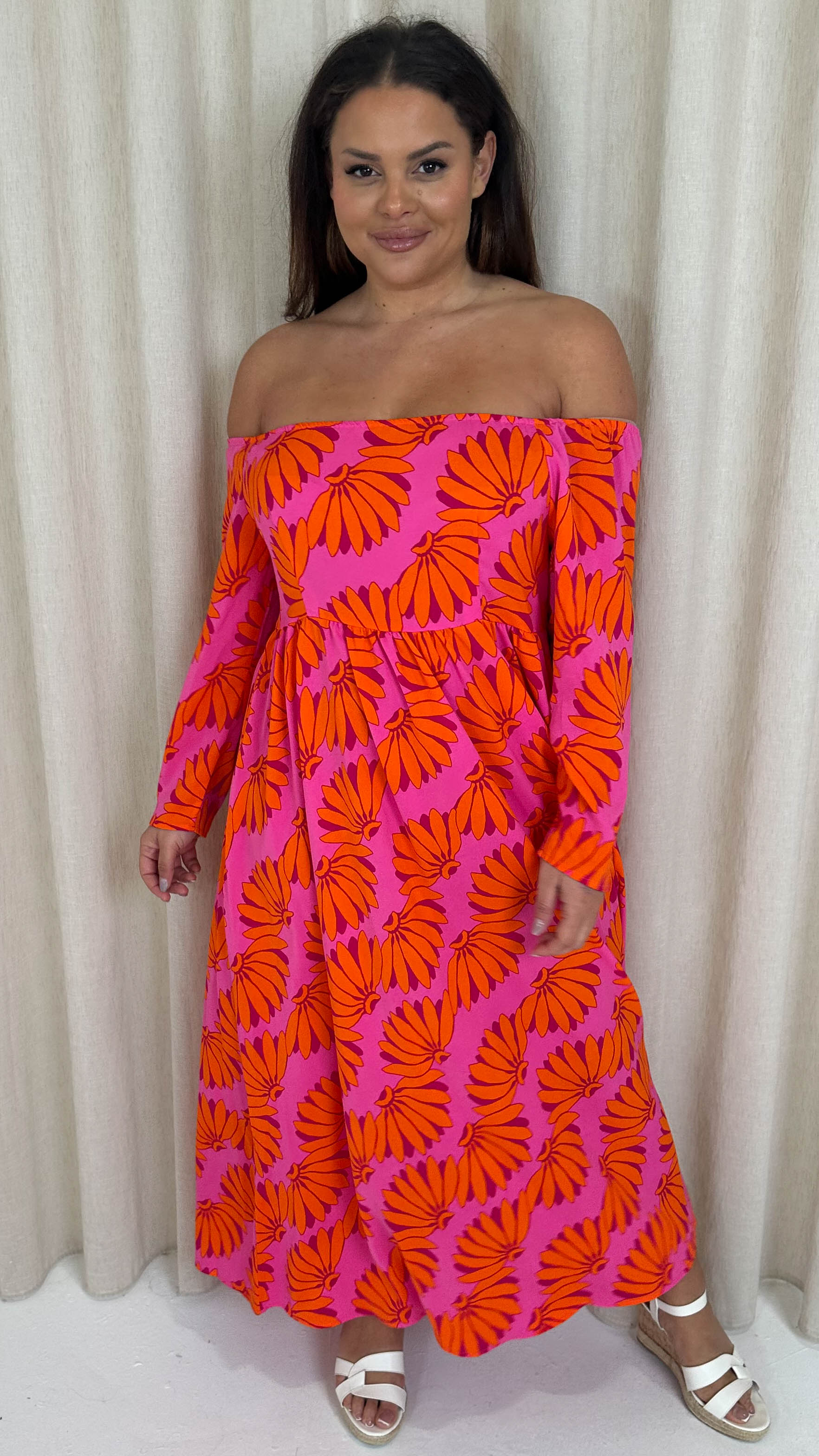 CurveWow Printed Bardot Maxi Dress Orange Banana