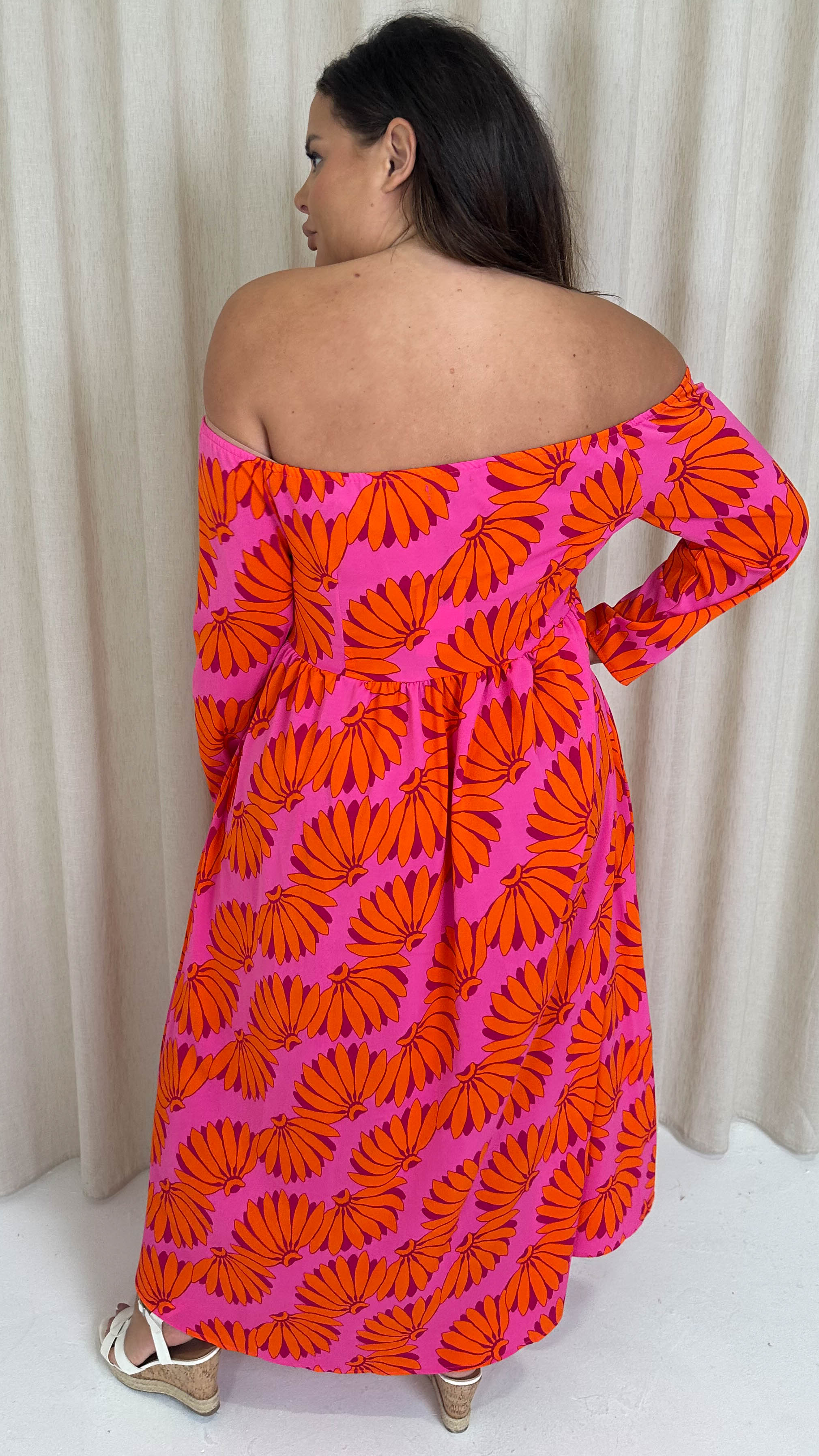 CurveWow Printed Bardot Maxi Dress Orange Banana