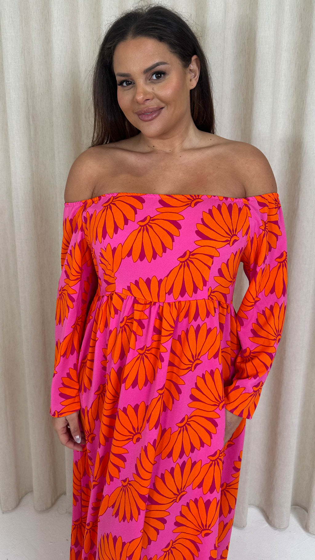 CurveWow Printed Bardot Maxi Dress Orange Banana