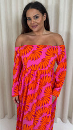 CurveWow Printed Bardot Maxi Dress Orange Banana