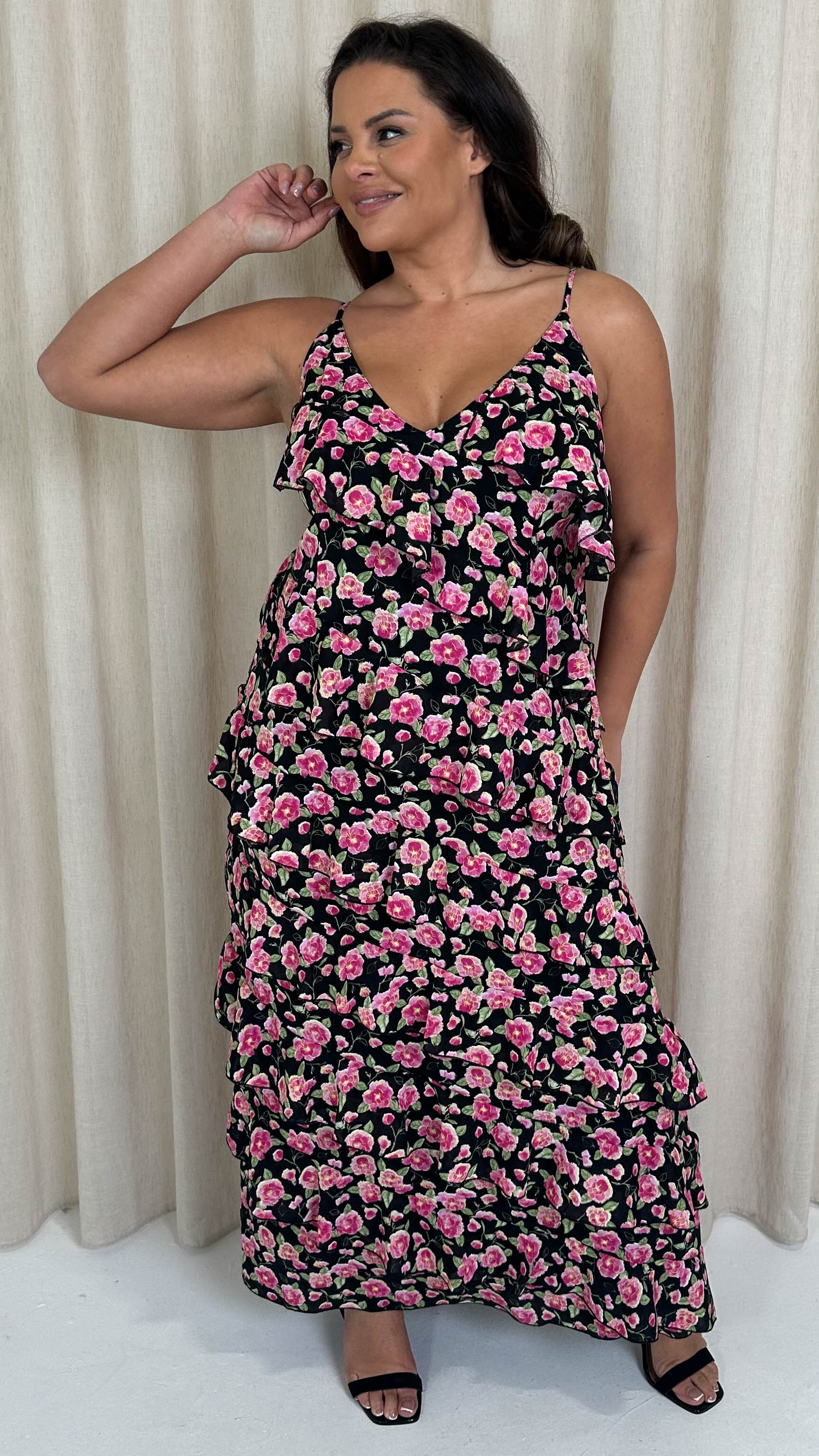 CurveWow Ruffle Tiered Maxi Dress Black Floral