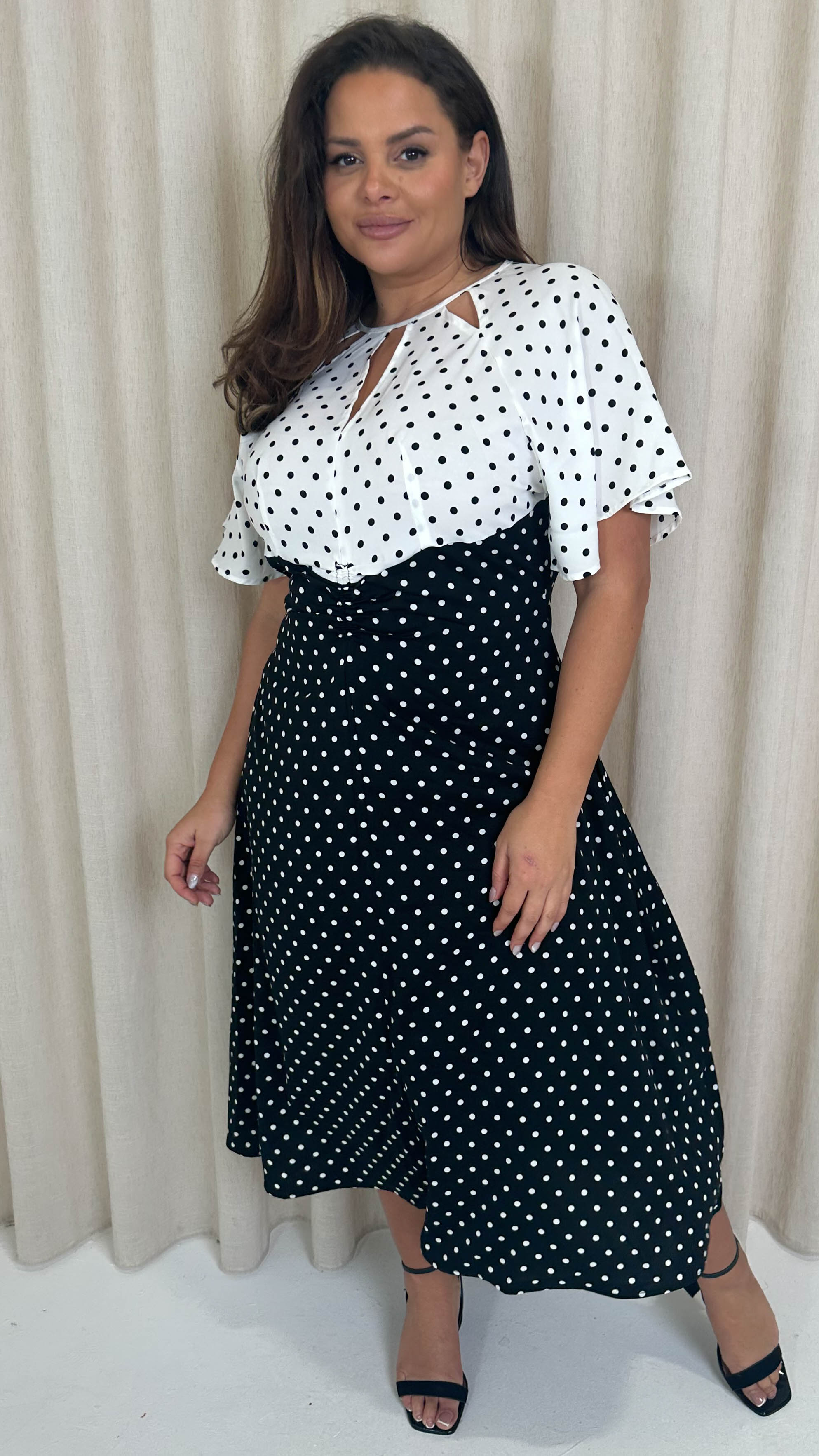 CurveWow Cut Out Midi Dress Black/White Polka Dots