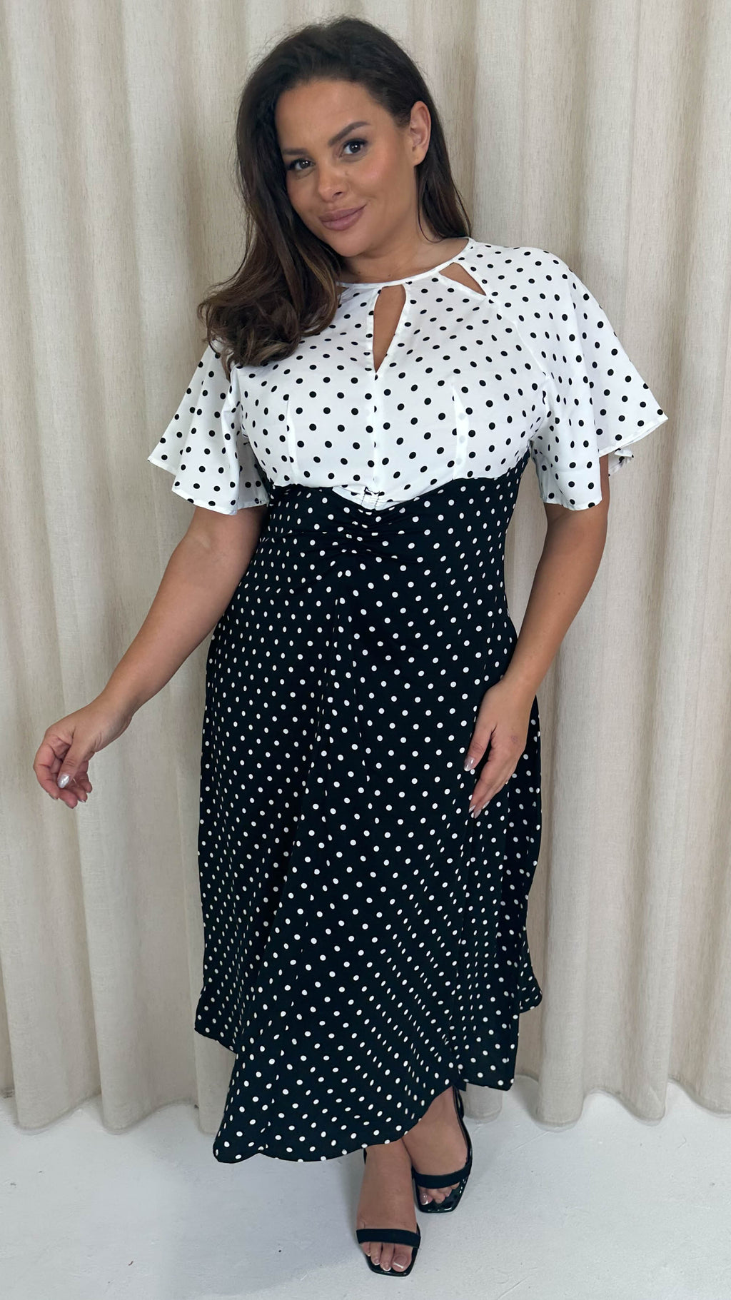 CurveWow Cut Out Midi Dress Black/White Polka Dots