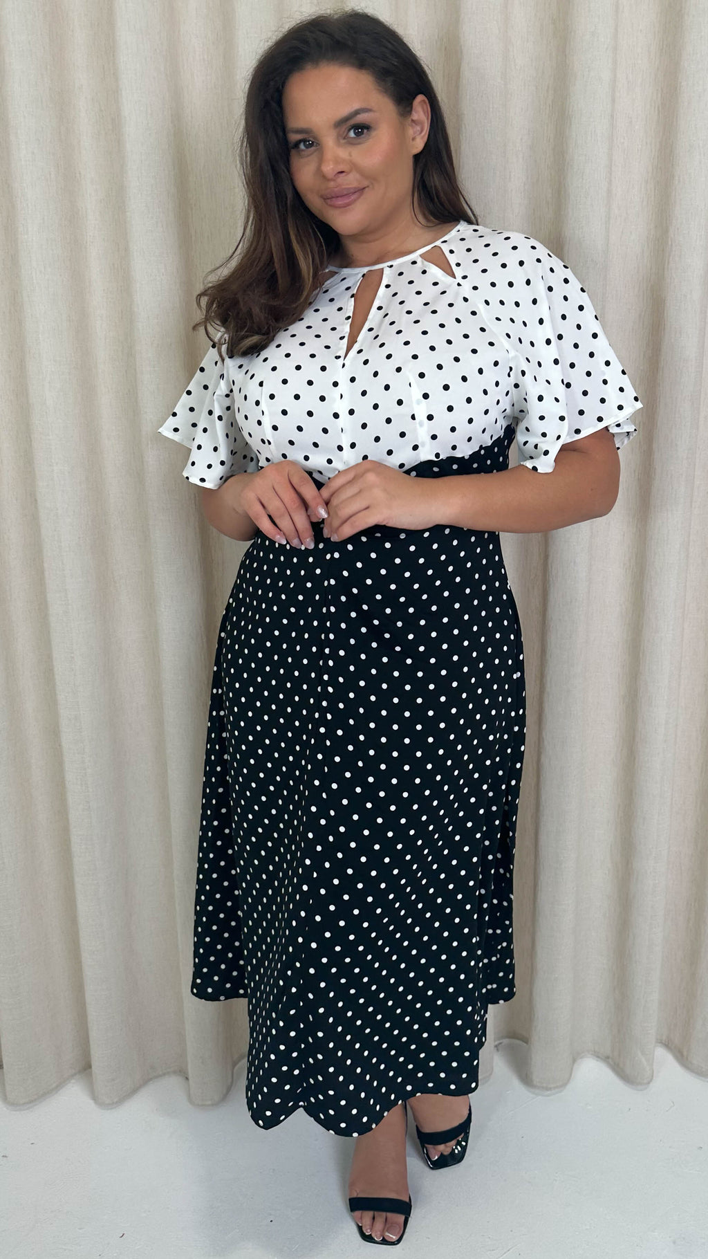 CurveWow Cut Out Midi Dress Black/White Polka Dots