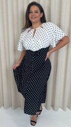 CurveWow Cut Out Midi Dress Black/White Polka Dots