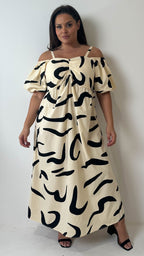 CurveWow Cotton Puff Sleeve Cold Shoulder Dress Mono