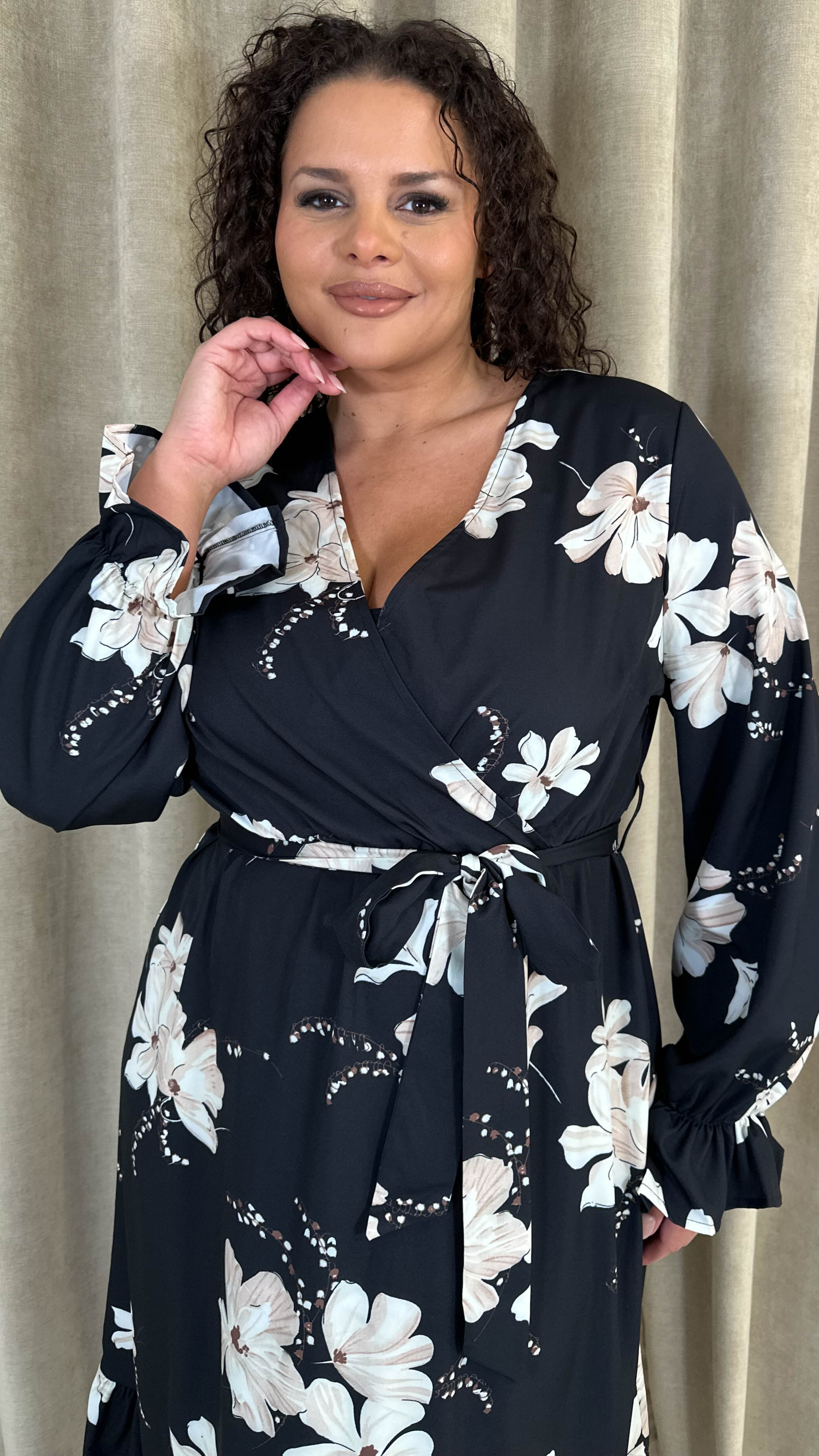 CurveWow Long Sleeve Floral Wrap Midaxi Dress Black/Ivory