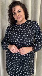 CurveWow Printed Tie Sleeve Shift Dress Black Floral
