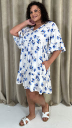CurveWow Vneck Frill Sleeve Smock Dress Ivory Floral