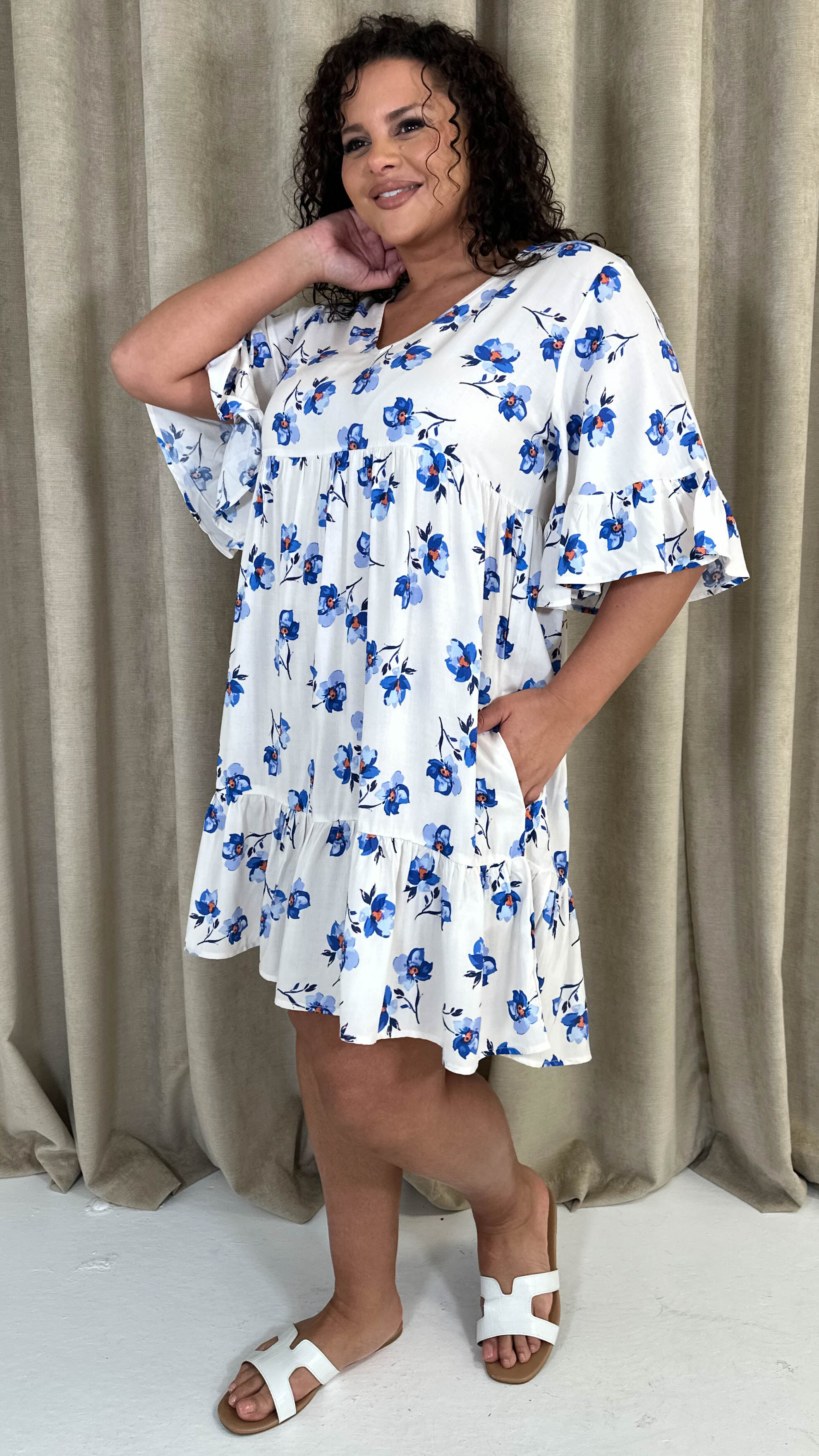 CurveWow Vneck Frill Sleeve Smock Dress Ivory Floral