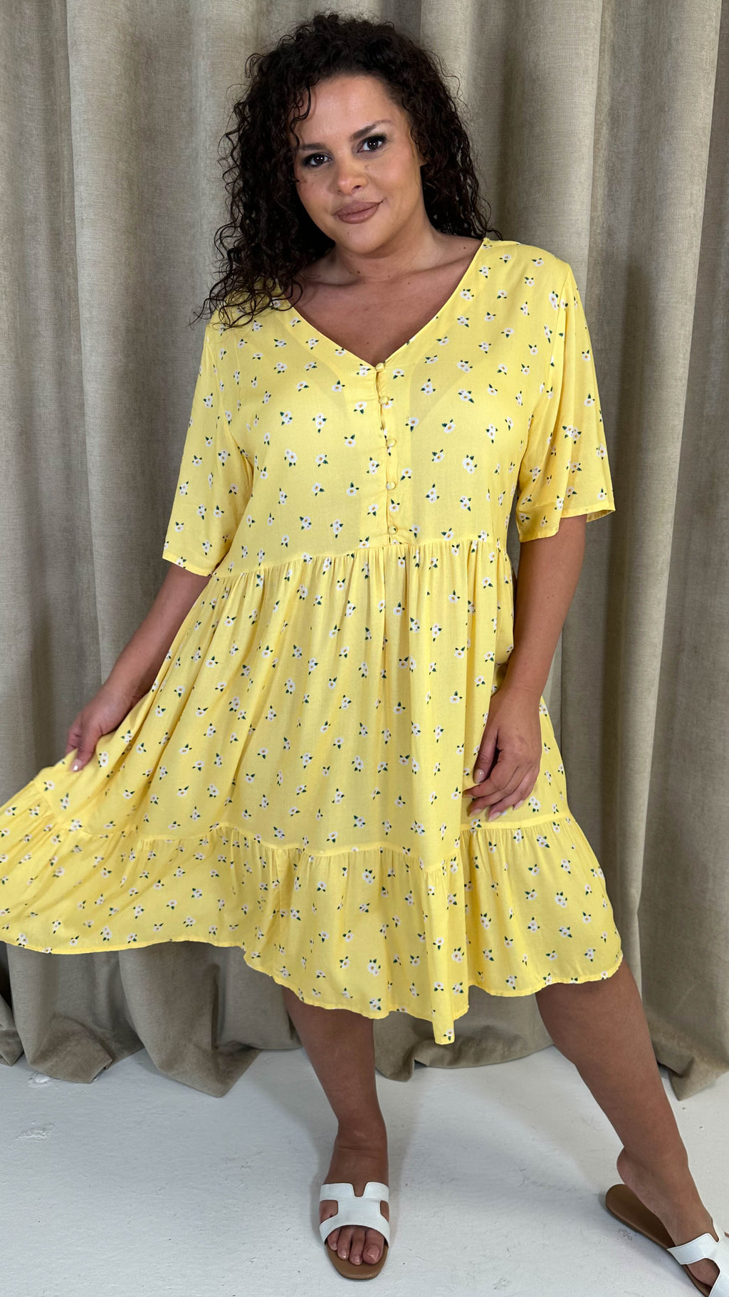 CurveWow Button Front Tea Dress Yellow Floral