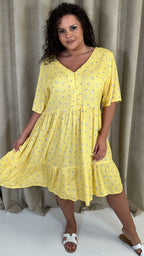 CurveWow Button Front Tea Dress Yellow Floral