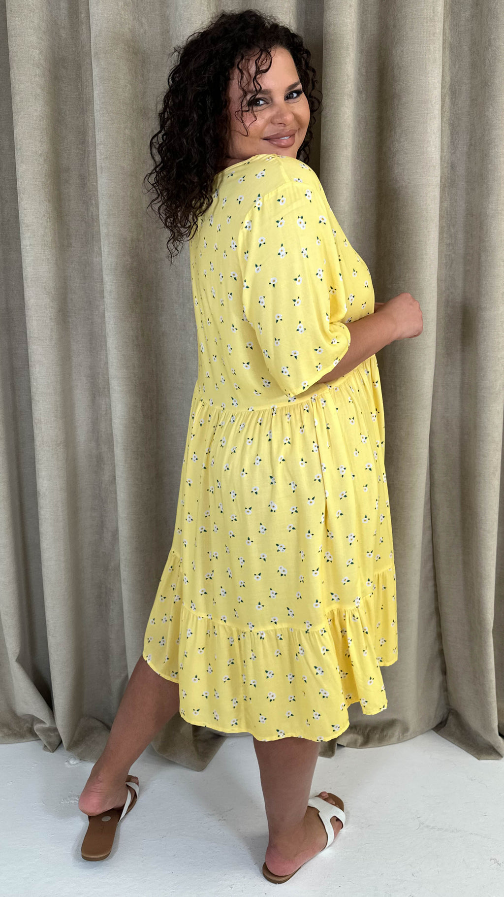 CurveWow Button Front Tea Dress Yellow Floral