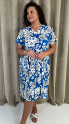 CurveWow Printed V Neck Smock Dress Blue Floral