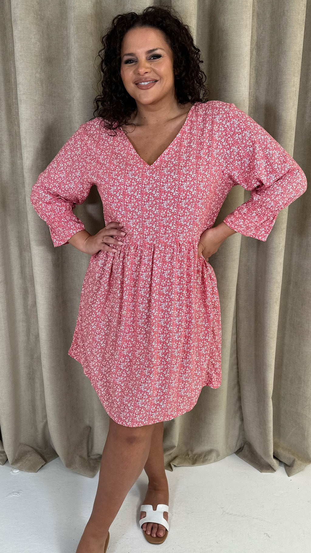 CurveWow Printed Smock Mini Dress Red Ditsy