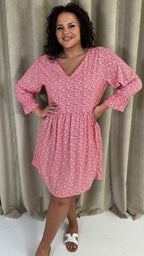 CurveWow Printed Smock Mini Dress Red Ditsy