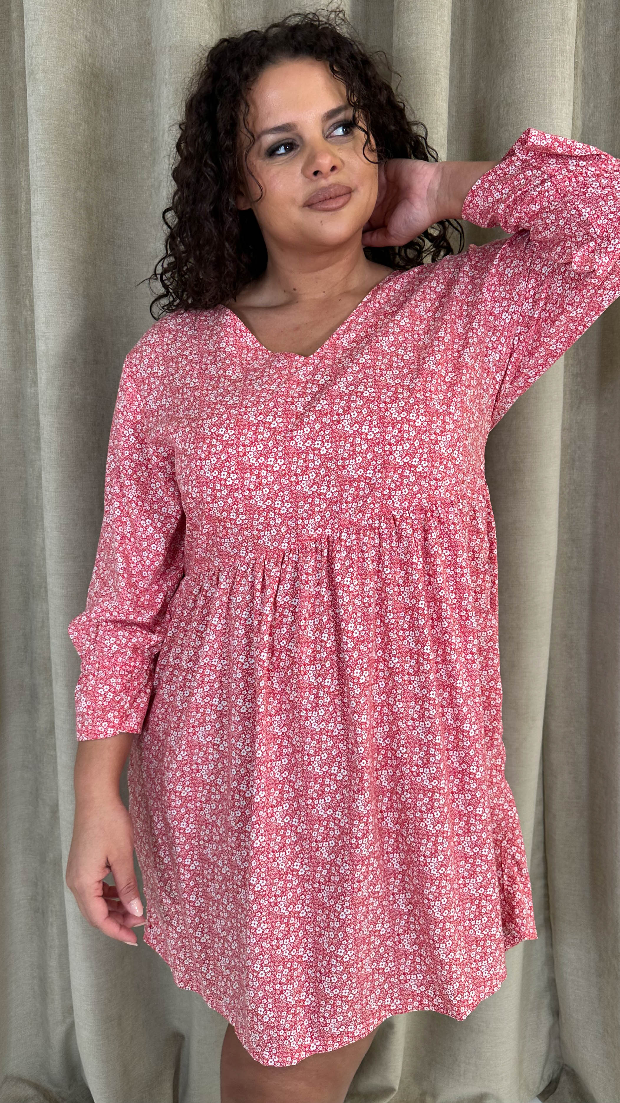 CurveWow Printed Smock Mini Dress Red Ditsy