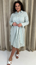 CurveWow Linen Belted Oversized Shirt Dress Green/White Stripe